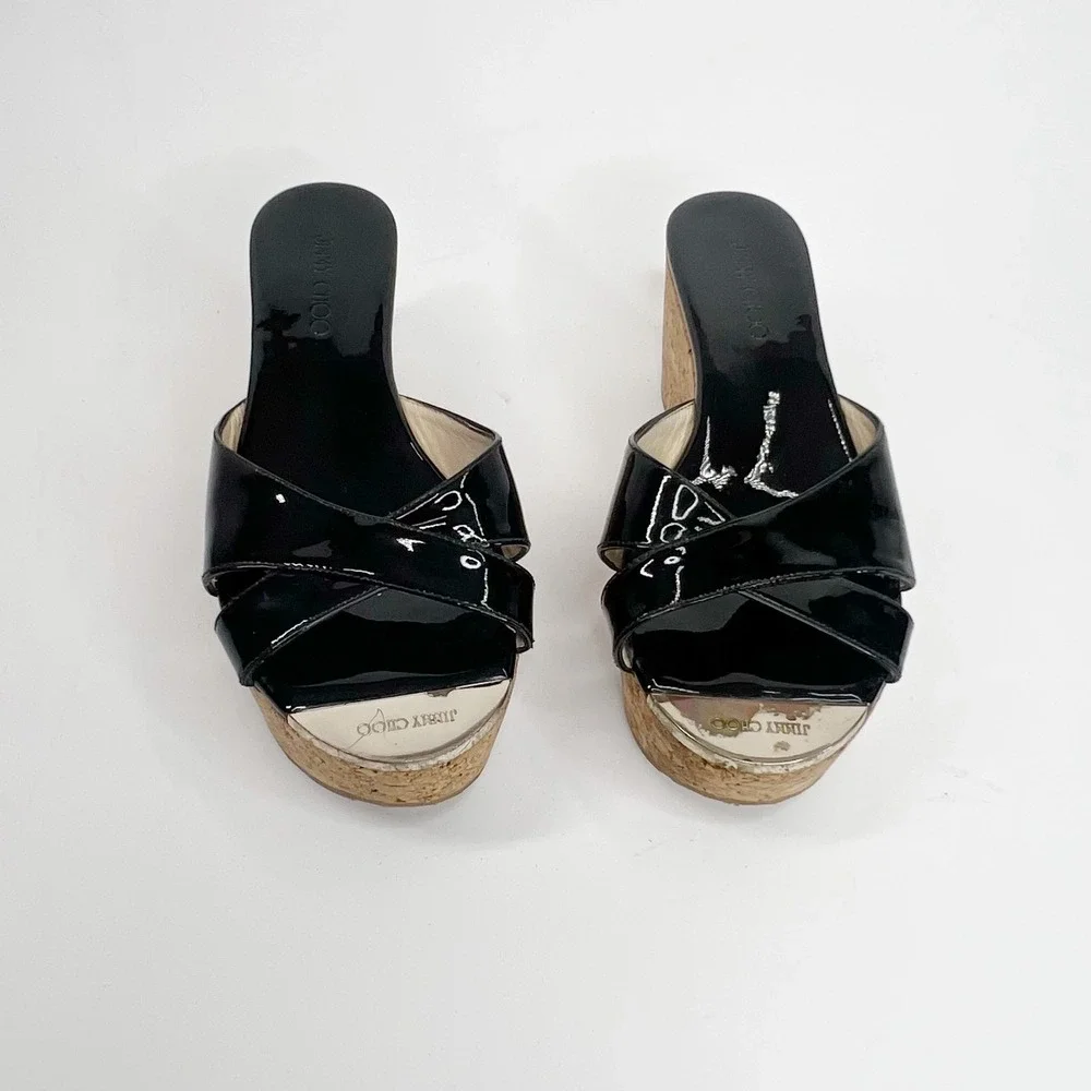 JIMMY CHOO Black Pandora Patent Leather Cork Wedge Platform Sandals 7 (37)